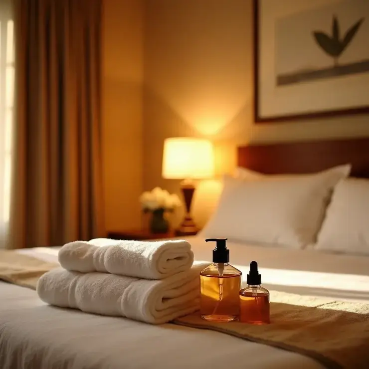 Fresh towels and massage oils arranged on a hotel bed for in-room spa service.