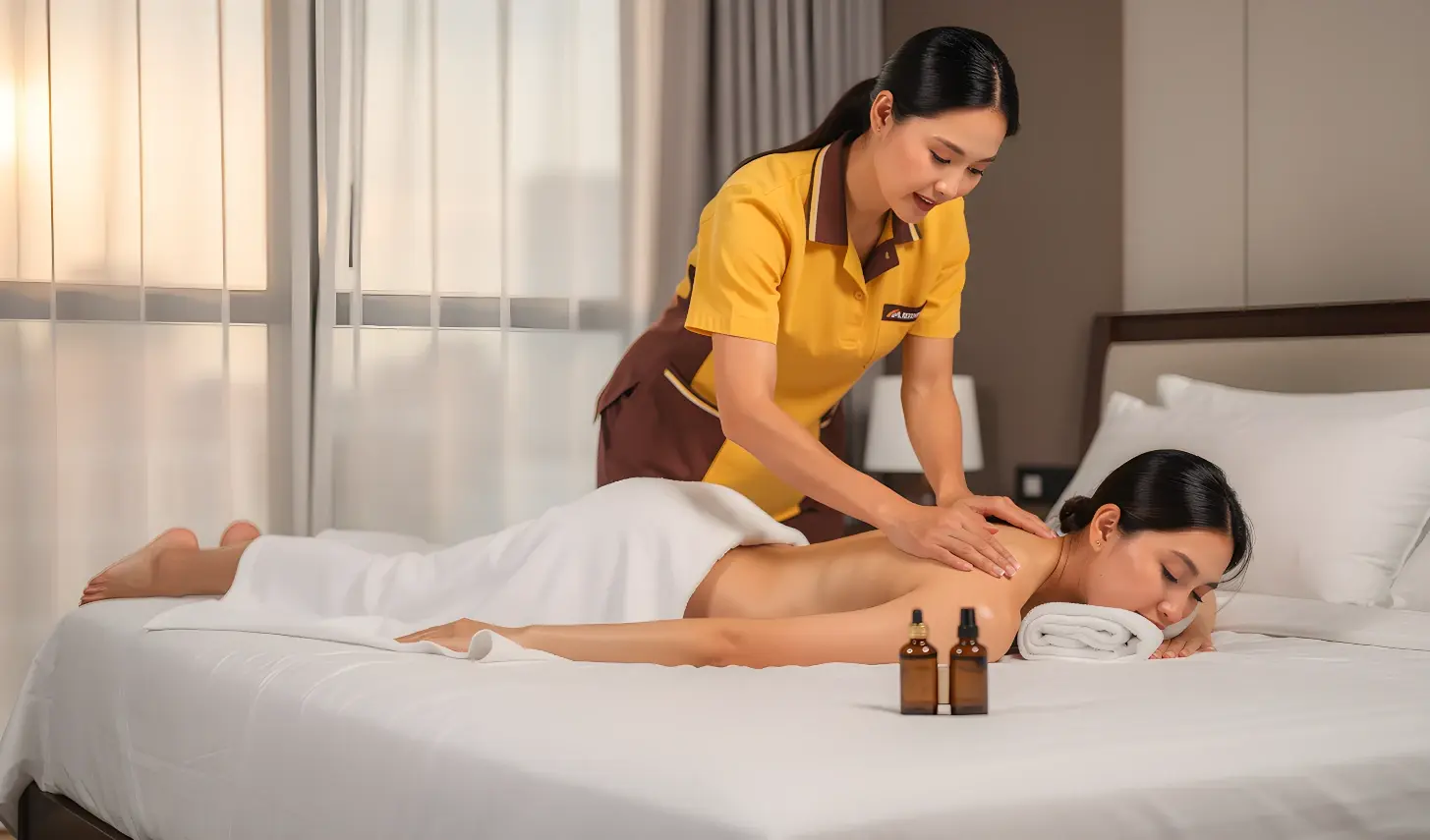Combination massage on a hotel bed blending Swedish, Shiatsu, and Thai techniques delivered by a mobile therapist.